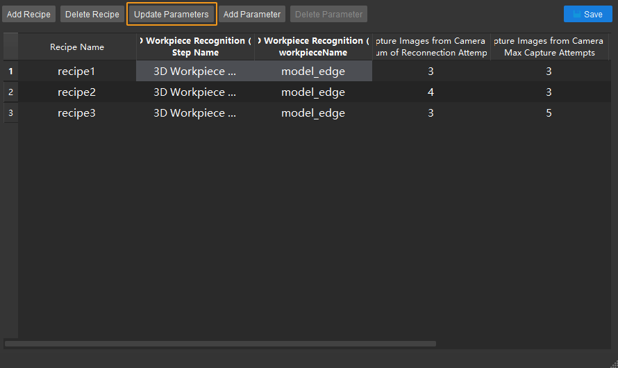 parameter recipe configuration select parameter to update