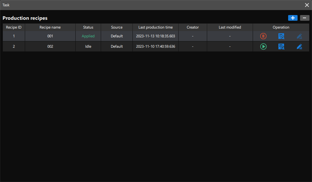 add new workpiece production recipes window