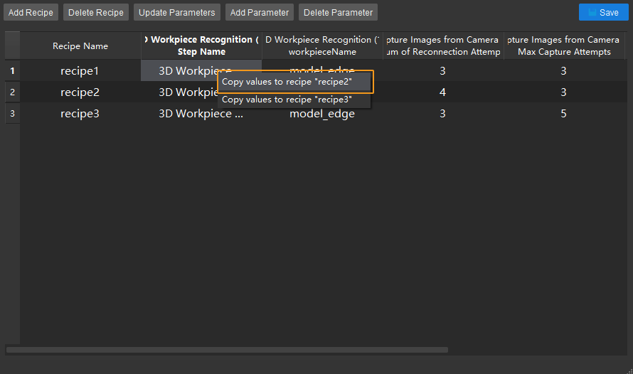 parameter recipe configuration select parameter to sync