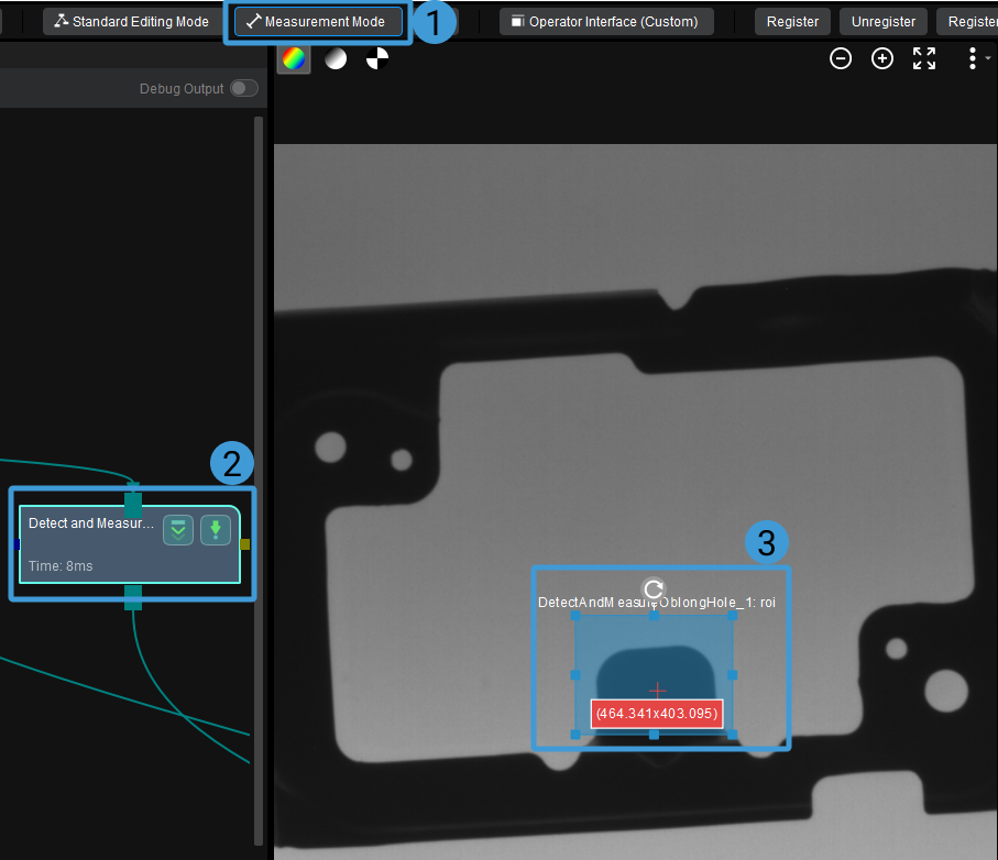 detect and measure oblong hole set roi 1