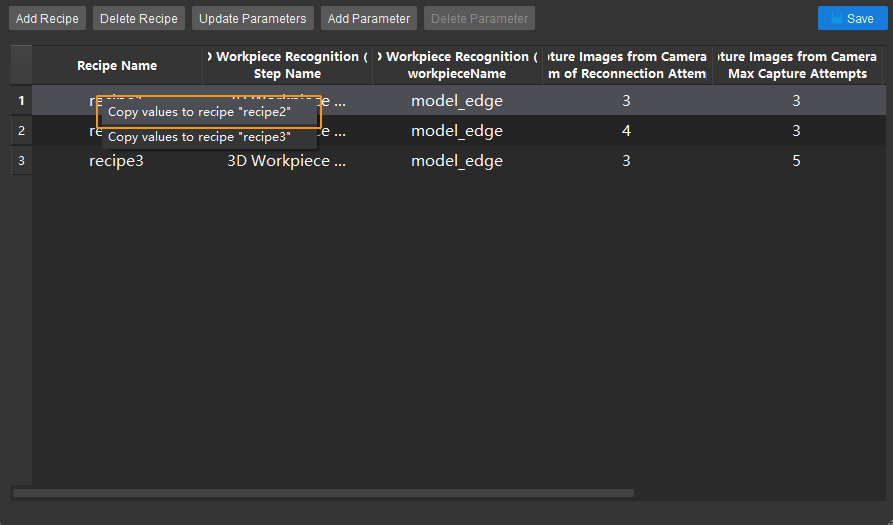 parameter recipe configuration select recipe to sync