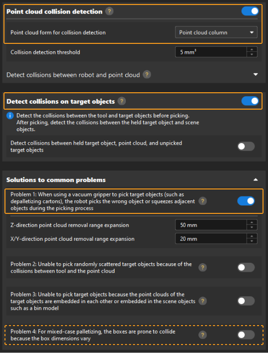 depalletizing settings